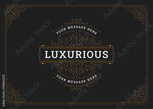 Vintage luxury golden swirl calligraphic Victorian greeting card design template vector illustration. Elegant classical flourishes filigree premium floral elements for wedding invitation label cover