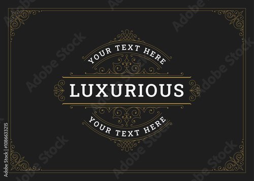 Premium flourishes antique filigree ornament greeting card design template vector illustration. Vintage golden calligraphic elements floral motif swirl vignette decoration for royal invitation label