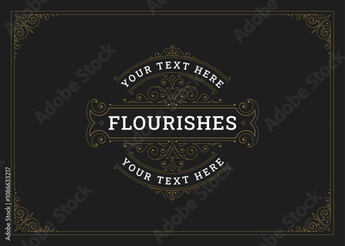 Vintage filigree luxury golden ornament greeting card design template vector illustration. Classical flourishes premium vignette swirl antique style decoration royal floral motif for label cover
