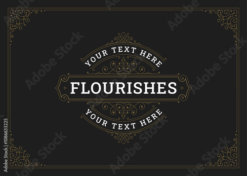 Classic luxury flourishes golden swirl ornament greeting card design template vector illustration. Vintage premium Victorian vignette calligraphic floral royal elements for wedding invitation covers