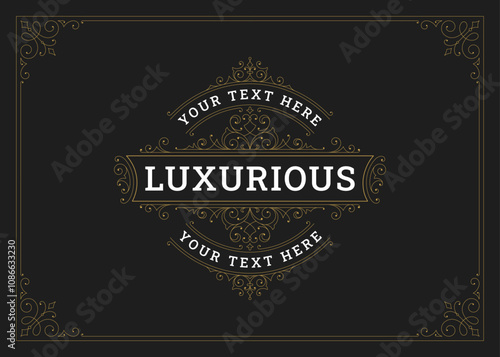 Luxury vintage flourishes swirl ornate golden greeting card design template vector illustration. Old style premium Victorian vignette classical calligraphic floral motif royal decor for cover signage