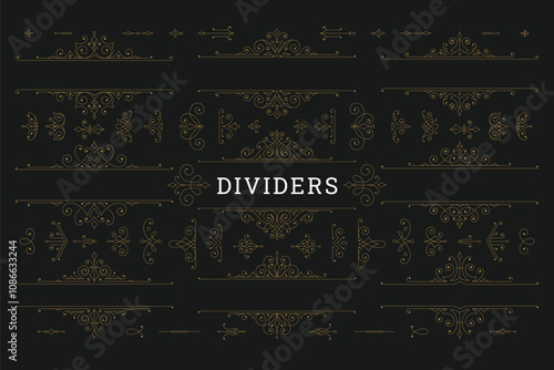 Vintage flourishes golden ornament border and divider set vector illustration. Luxury elegant swirl Victorian calligraphic element for text decoration greeting card wedding invitation
