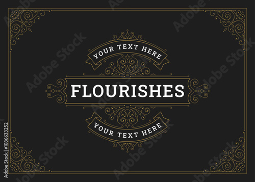 Flourishes luxury golden swirl classic ornate greeting card design template vector illustration. Premium Victorian elegant decorative calligraphic floral motif filigree old style for emblem cover