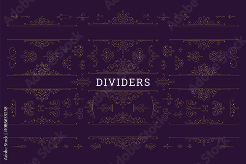 Vintage luxury golden Victorian ornament border and divider set vector illustration. Calligraphic premium decorative elements flourishes old style for text decoration label cover emblem signage