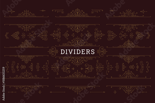 Luxury filigree golden swirl ornate border and divider set vector illustration. Premium vintage calligraphic elements classic antique vignette for text decoration greeting wedding card