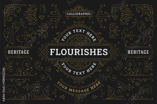Flourishes vintage luxury golden floral ornate decorative design element set vector illustration. Calligraphic royal classical swirl Victorian vignette border divider frame book cover restaurant menu