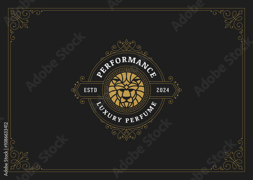 Vintage luxury Victorian logo for beauty brand with antique mystic lion design template vector illustration. Elegant premium flourishes calligraphic decoration emblem with leo portrait fashion stylist