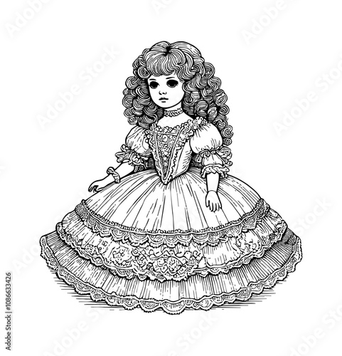 doll with curly hair, wearing a frilly dress with multiple layers, standing upright. The doll has an old-fashioned