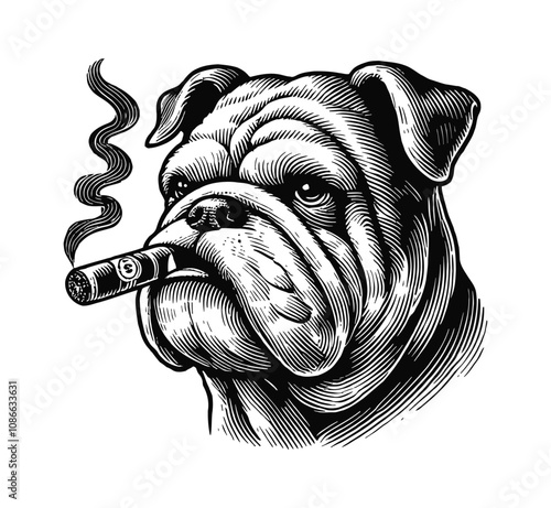 bulldog with a cigar in its mouth engraving black and white outline
