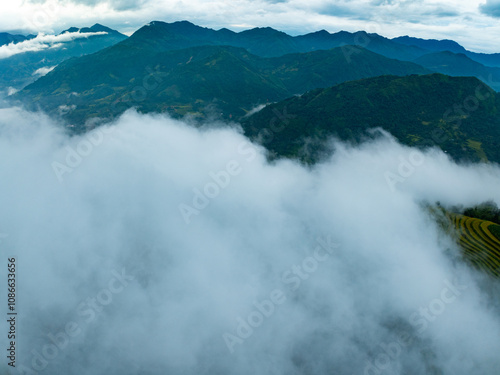 Drone aerial view of landscape mountains view in sunrise or sunset time,High angle view over countryside at northern Vietnam