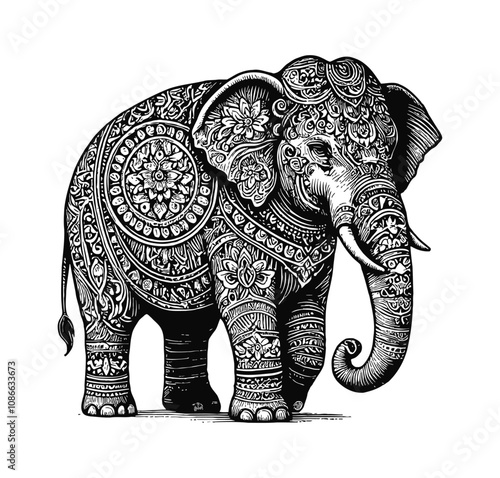 elephant tattoo engraving black and white outline
