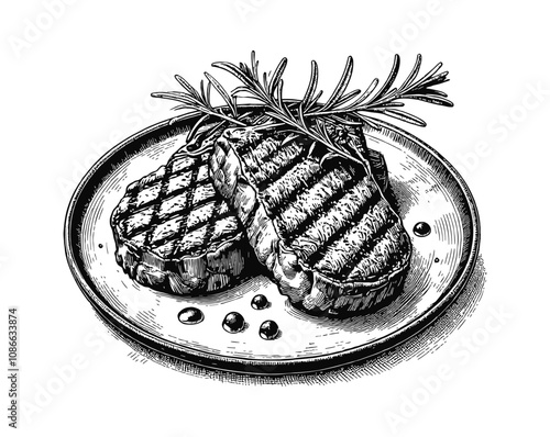 grilled meat steak on plate engraving black and white outline