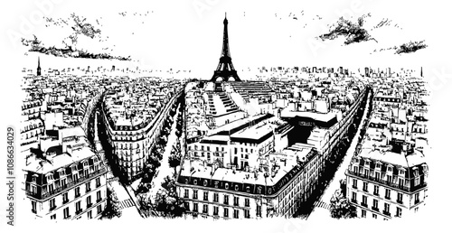 paris landscape engraving black and white outline