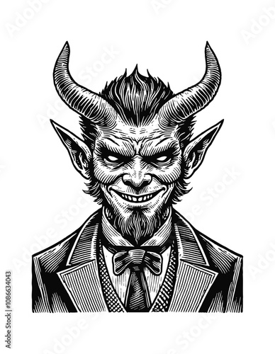 devil man suit engraving black and white outline