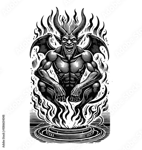 devil man flames engraving black and white outline
