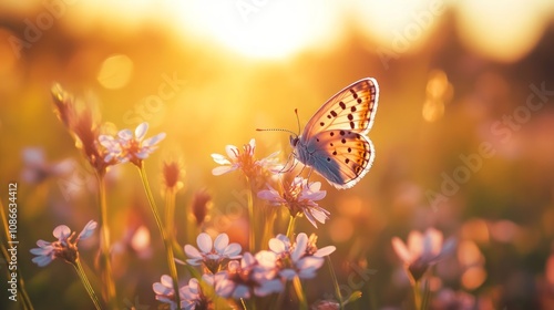 A delicate butterfly perches on a flower in a field, bathed in the warm glow of the setting sun.