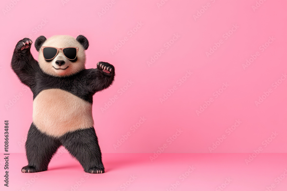 Playful panda dancing in sunglasses studio setting fun content vibrant environment whimsical concept for engagement