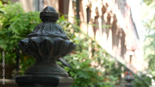 New York City townhouse building, Brooklyn Heights residential district, USA. Brownstone urban architecture, attached house. United States real estate, american property, apartments and homes in NYC.