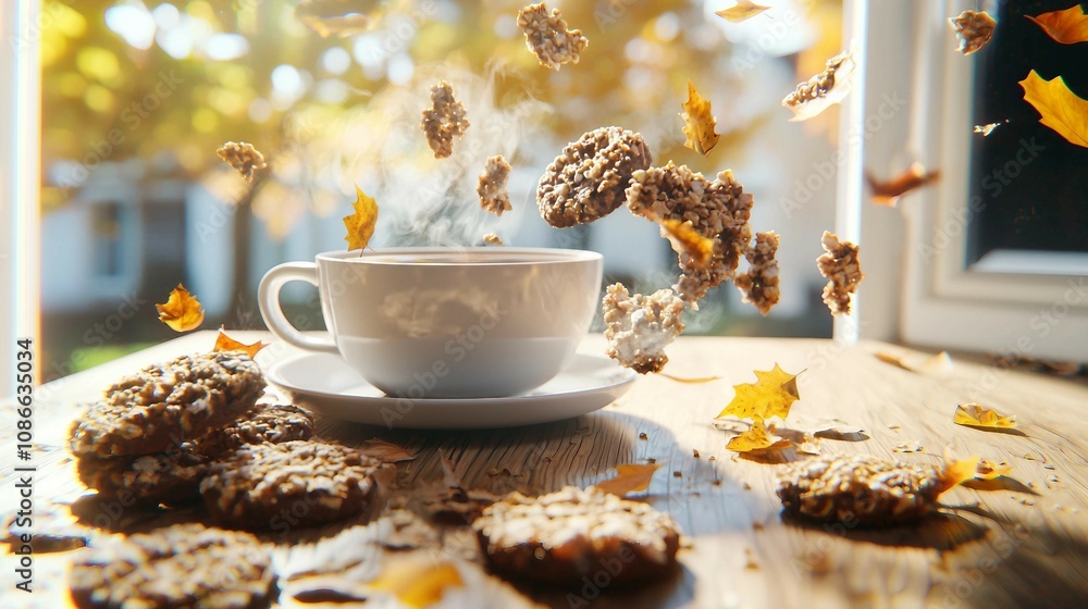 Hot Cup of Coffee Surrounded by Floating Cookies and Autumn Leaves in a Cozy Indoor Setting, Capturing the Essence of Fall and Comfort Moments Hot Cup of Coffee Surrounded by Floating Cookies and Autumn Leaves in a Cozy Indoor Setting, Capturing the Essence of Fall and Comfort Moments