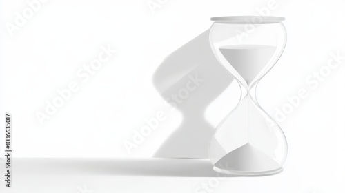 A white hourglass on a white background with its shadow.