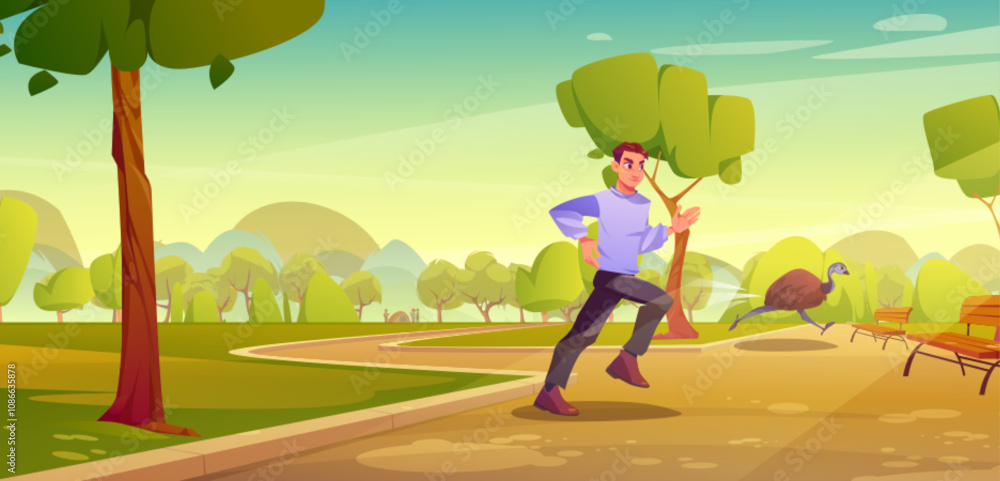 Fototapeta premium Man running along park pathway chasing emu. Cartoon scene with lush greenery, wooden benches, curved trail and sunrise sky. Humorous illustration of summer outdoor pursuit between jogger and bird.