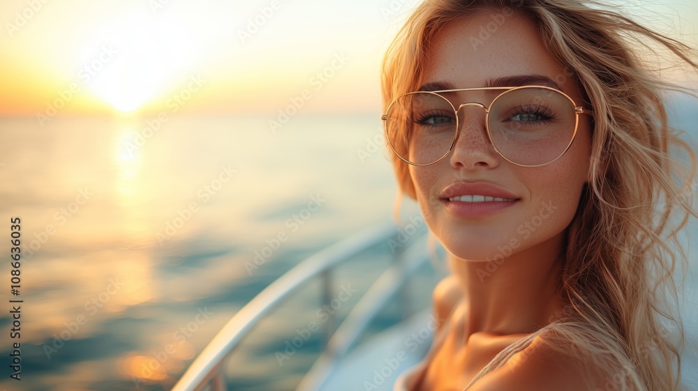 A cheerful woman with sunglasses aboard a yacht, enjoying the soft sunlight of a warm evening with a serene ocean view. A cheerful woman with sunglasses aboard a yacht, enjoying the soft sunlight of a warm evening with a serene ocean view.