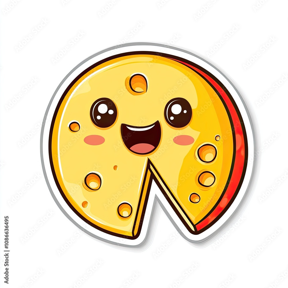 Fototapeta premium Smiling Cartoon Cheese Wedge with Holes and Red Crust