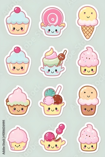 Adorable Kawaii Desserts Stickers Collection: Cute Cupcakes, Ice Cream Cones, and Sweet Treats for Digital Scrapbooking, Stickers, and Party Decorations