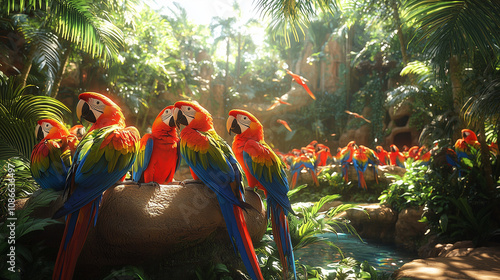 Exotic bird sanctuary featuring vibrant species like parrots, offering a safe haven for colorful birds in a natural, protected environment, ideal for bird enthusiasts and nature lovers photo