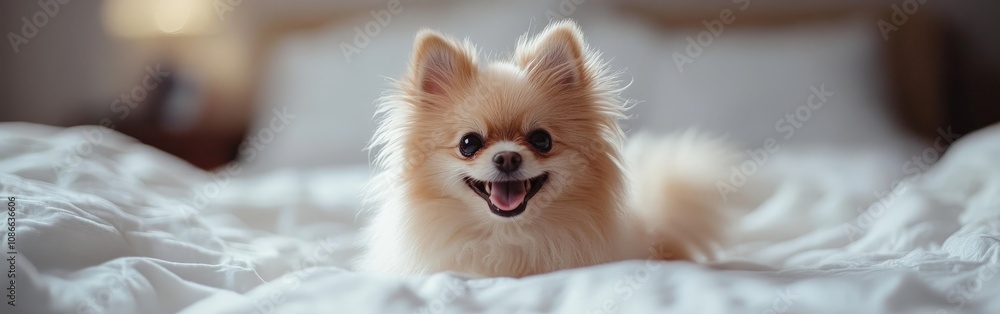 Adorable Fluffy White Puppy Resting in a Softly Lit Bedroom Adorable Fluffy White Puppy Resting in a Softly Lit Bedroom