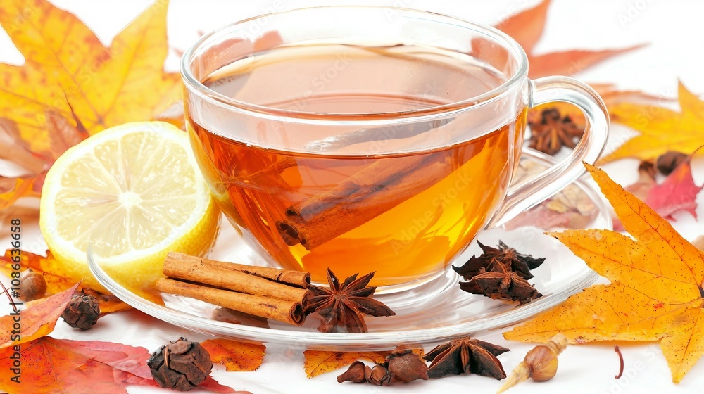 Warm Herbal Tea with Cinnamon and Lemon Surrounded by Autumn Leaves, Presenting a Cozy Atmosphere Ideal for Seasonal Refreshments and Relaxation Warm Herbal Tea with Cinnamon and Lemon Surrounded by Autumn Leaves, Presenting a Cozy Atmosphere Ideal for Seasonal Refreshments and Relaxation