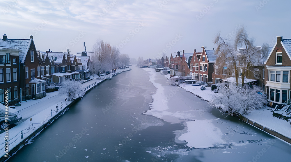 Crisp winter morning in a Dutch canal town frozen waterways and icy windmills picturesque winter scene copy space Crisp winter morning in a Dutch canal town frozen waterways and icy windmills picturesque winter scene copy space