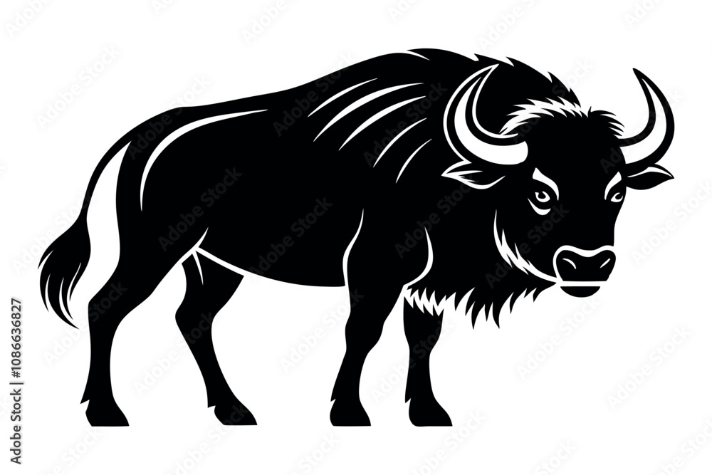Black silhouette of a buffalo with clean design, black and white design on white background Black silhouette of a buffalo with clean design, black and white design on white background