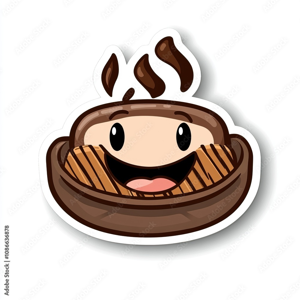 Cartoon Illustration of a Smiling Brown Bowl with Steam Rising from It Cartoon Illustration of a Smiling Brown Bowl with Steam Rising from It