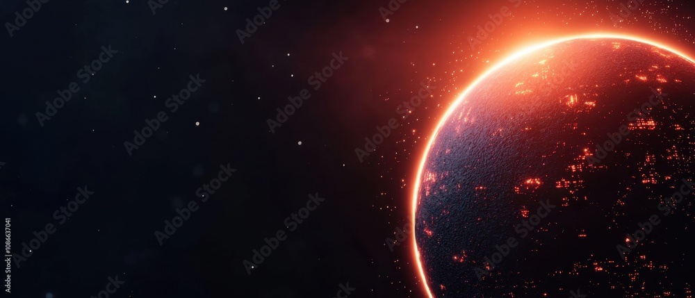 Obraz premium Fiery Planet Space Cosmic Background Red Planet Universe Galaxy Nebula Stars Glowing Inferno Hot Burning Abstract Background