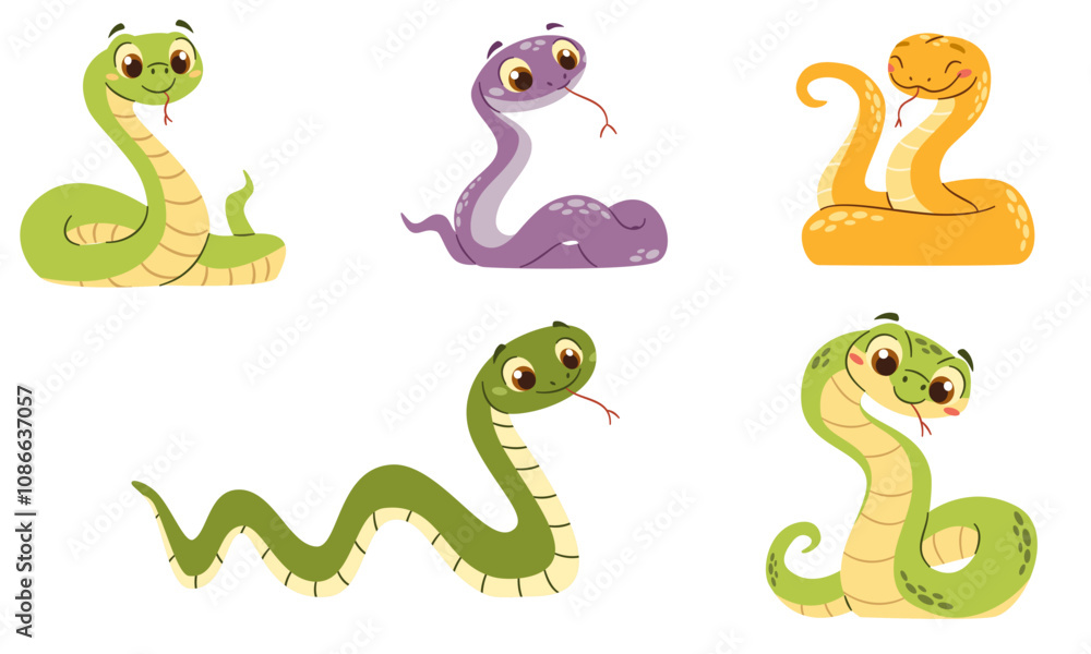 Set of flat vector illustrations in a simple children's style. Cute snakes in different colors and in different poses on a white background . Vector illustration Set of flat vector illustrations in a simple children's style. Cute snakes in different colors and in different poses on a white background . Vector illustration