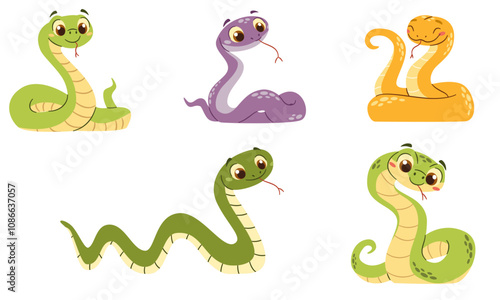 Set of flat vector illustrations in a simple children's style. Cute snakes in different colors and in different poses on a white background . Vector illustration