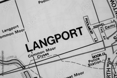 Langport - Avon and Somerset, United Kingdom colour atlas map town name in black and white photo