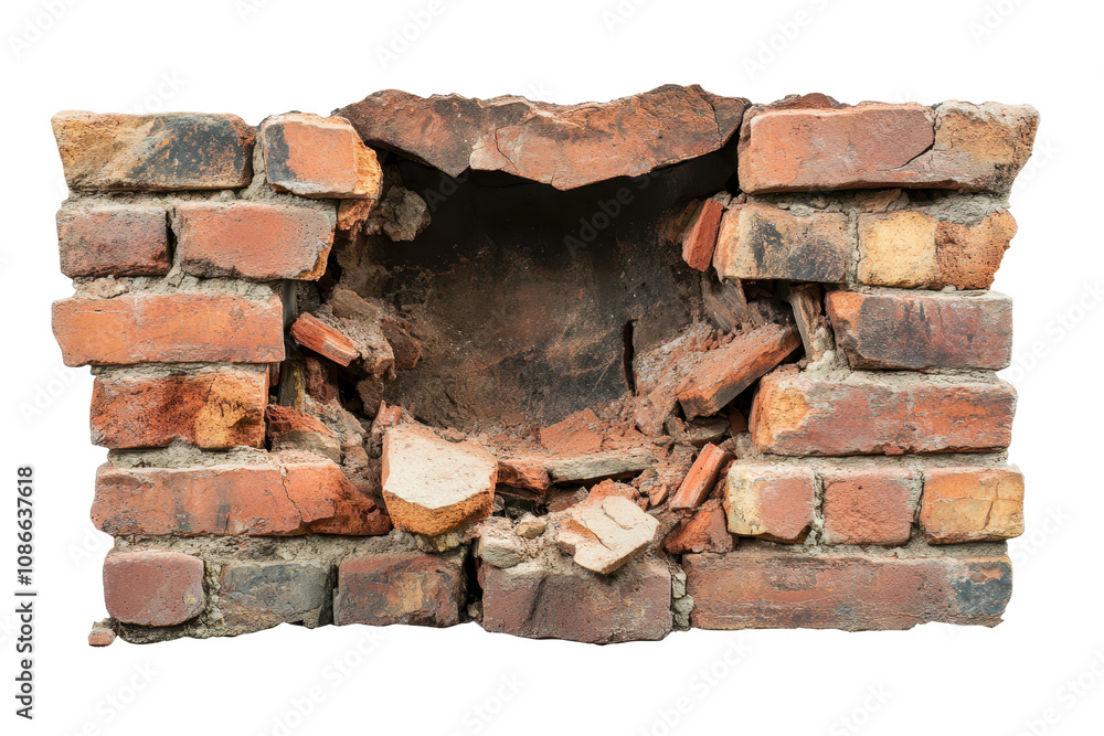 A rectangular opening in a crumbling brick wall with exposed edges, surrounded by plaster remnants, isolated on white.
A rectangular opening in a crumbling brick wall with exposed edges, surrounded by plaster remnants, isolated on white.