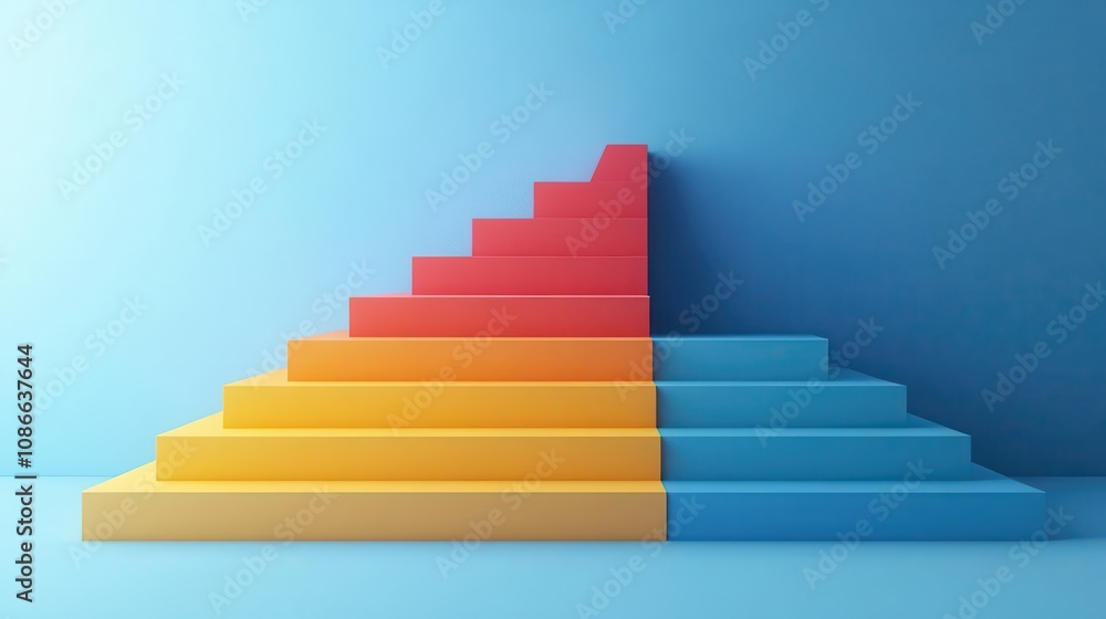 A vibrant 3D stepped structure with red, orange, and blue layers against a light blue background, symbolizing growth and progression. A vibrant 3D stepped structure with red, orange, and blue layers against a light blue background, symbolizing growth and progression.
