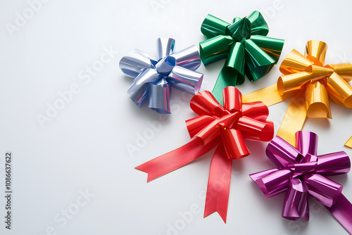 Colorful Festive Ribbons and Bows on White Background