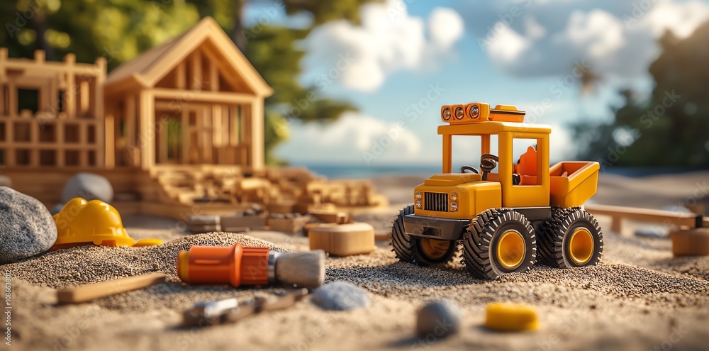 Toy construction truck on a sandy beach with a wooden house under construction in the background. Toy construction truck on a sandy beach with a wooden house under construction in the background.