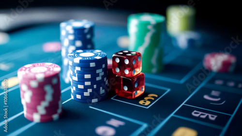 Colorful casino chips and dice are arranged on a green gaming table, creating an exciting atmosphere for gambling and betting.