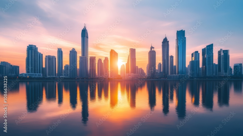A stunning sunrise casts a warm glow over a city skyline, reflected in the calm water of a lake.