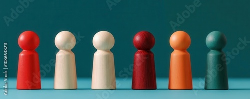 A colorful lineup of wooden game pieces stands against a teal background, showcasing diversity in shape and color.