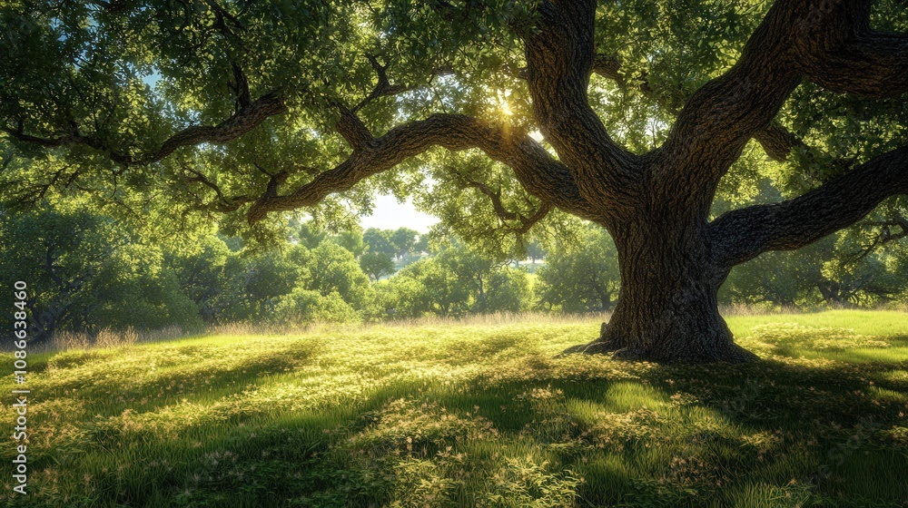 A majestic tree stands tall, casting shadows on a lush green field, illuminated by soft sunlight filtering through the leaves. A majestic tree stands tall, casting shadows on a lush green field, illuminated by soft sunlight filtering through the leaves.