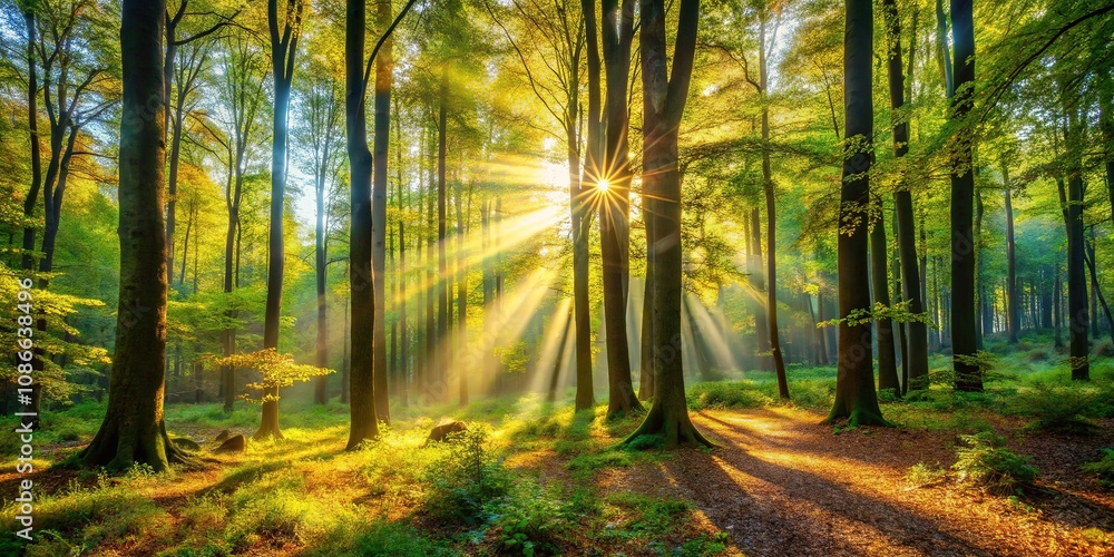 Obraz premium Sunbeams dance on a verdant forest floor, creating a breathtaking spectacle.