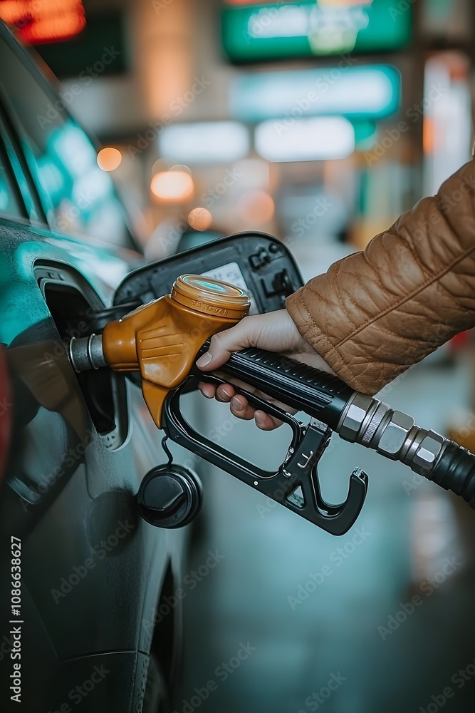 Hand Reaching Fuel Dispenser Nozzle, Fueling Car At Gas Station Hand Reaching Fuel Dispenser Nozzle, Fueling Car At Gas Station