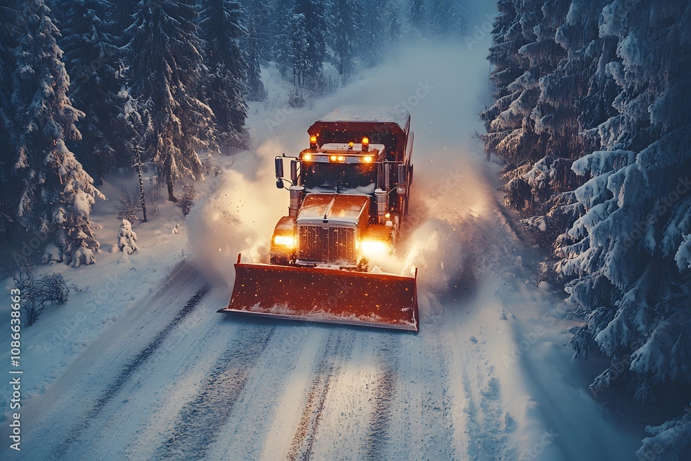 Massive snow plow cutting through a snow-covered highway. Massive snow plow cutting through a snow-covered highway.