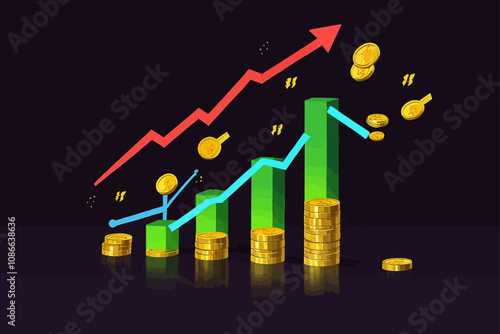 A growing bar chart with coins 